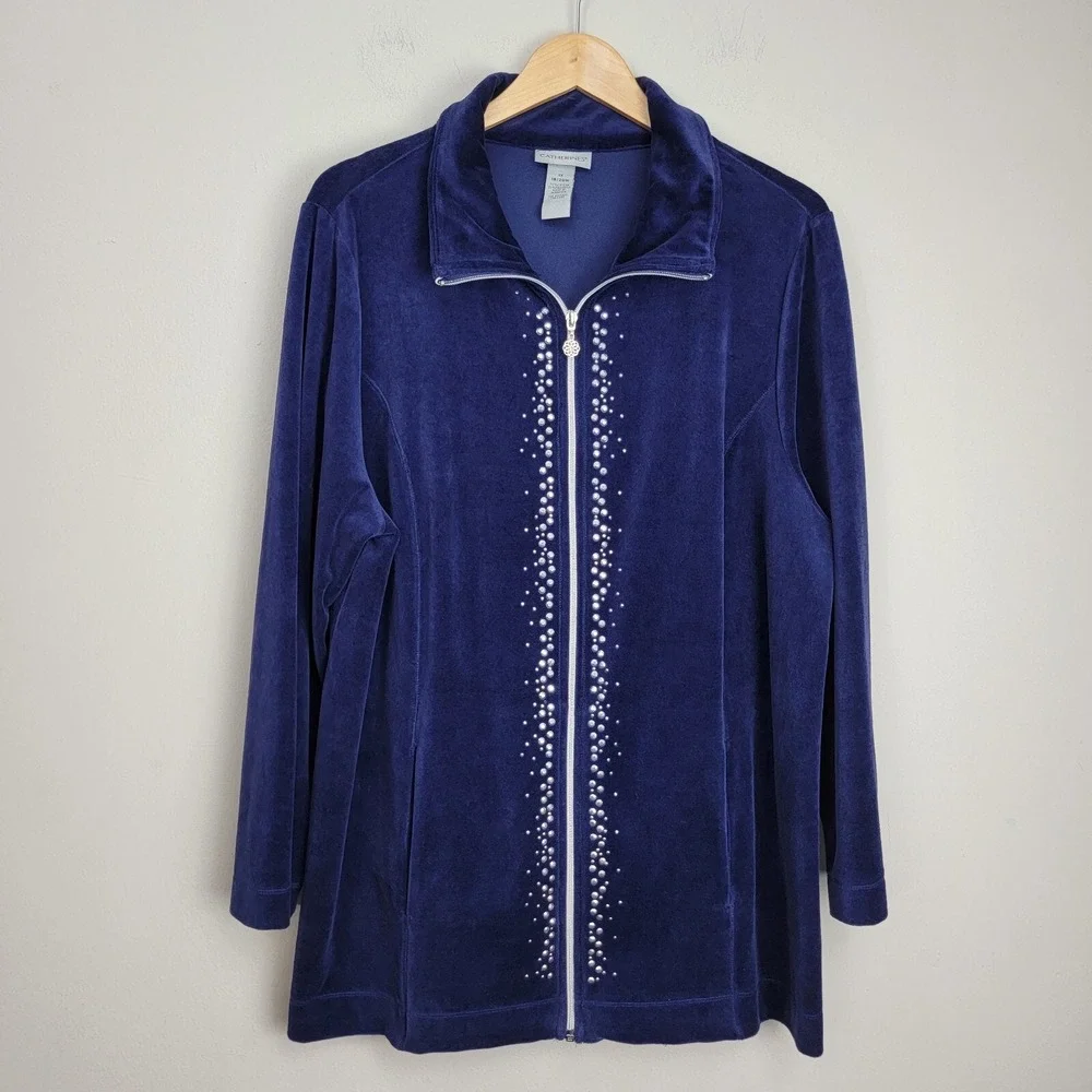 Catherine's Jacket Blue Size 1X Full Zip Velvet Long Sleeve Plus Size Pockets‎